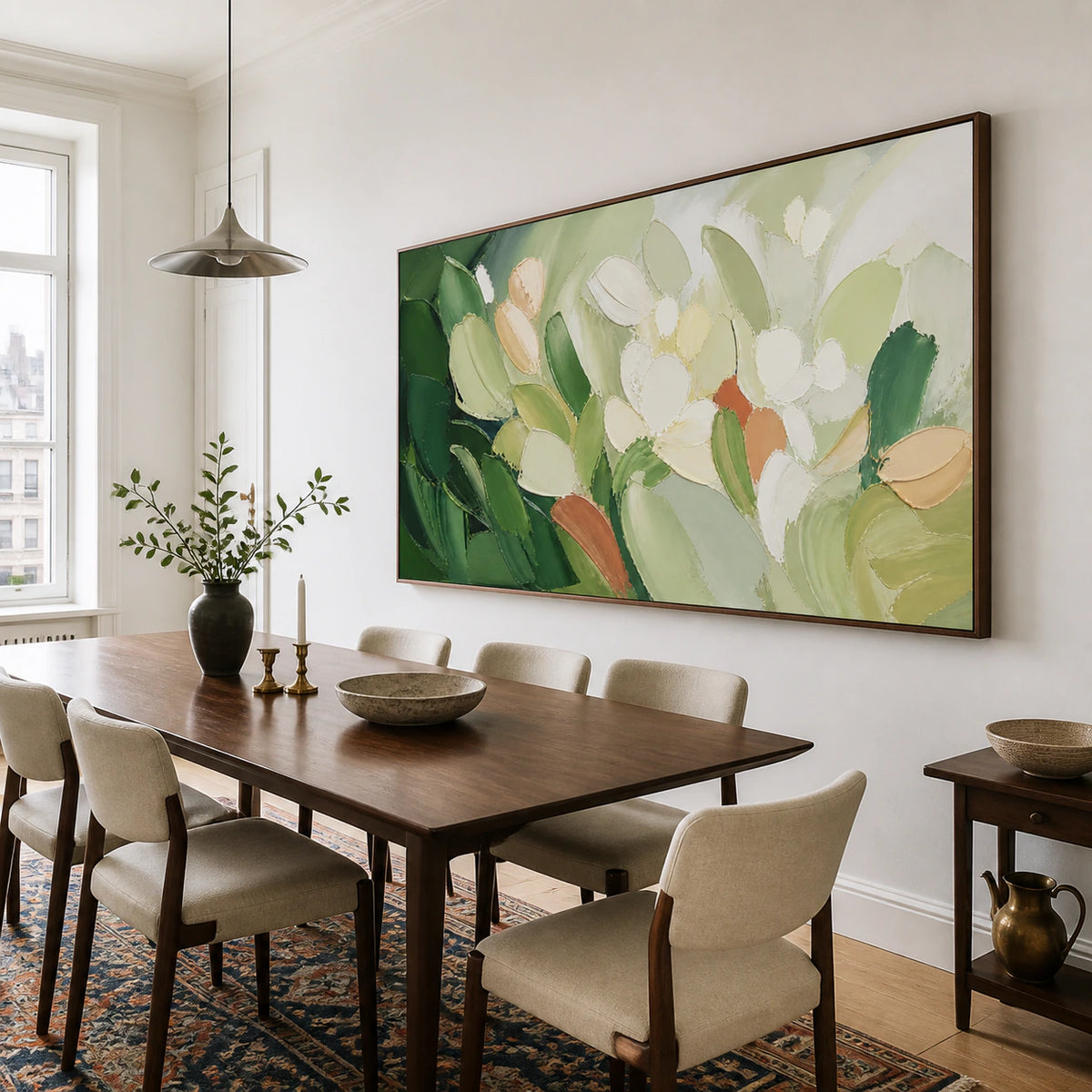 Moss-Canopy displayed prominently in a refined daylight-filled dining room.
