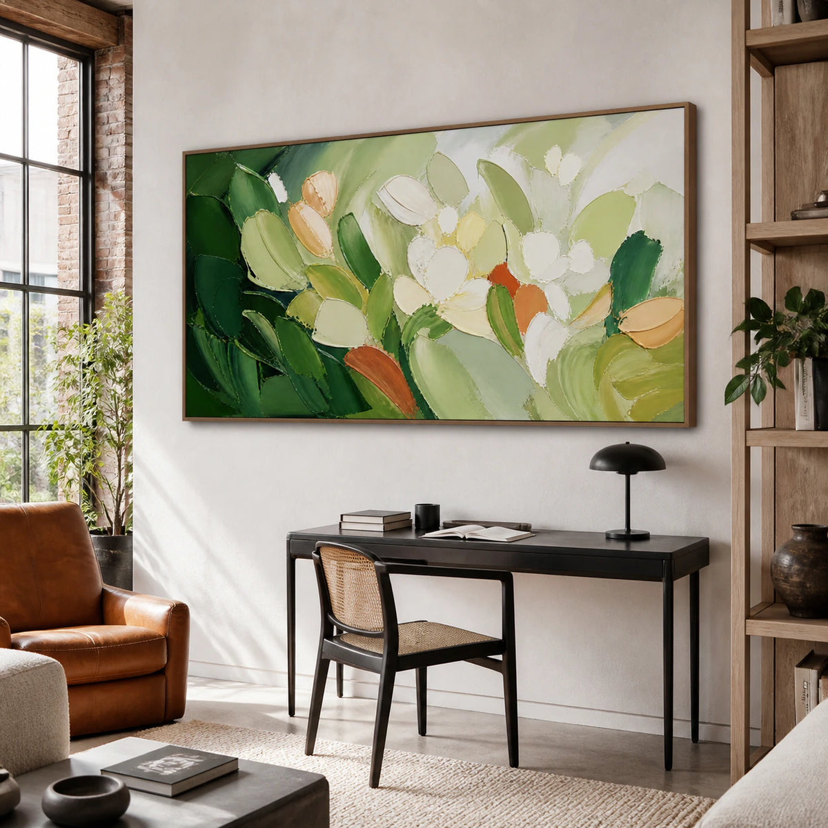 Moss-Canopy as a large focal point in an airy home office reading space.