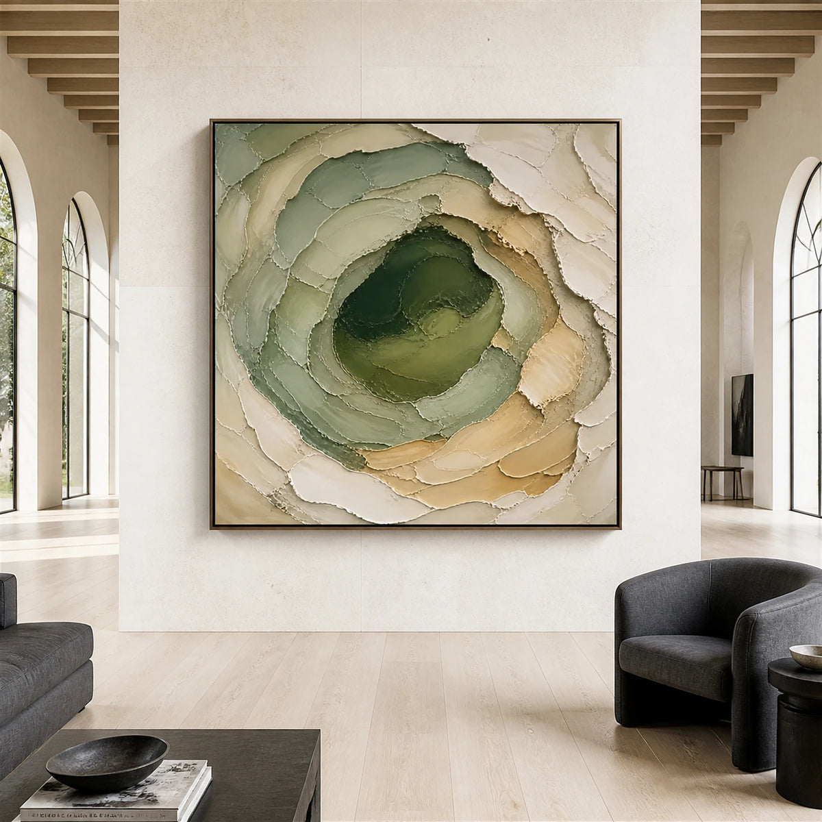 Large square Moss-Contour painting displayed straight-on in a spacious daylight-filled architectural living space.
