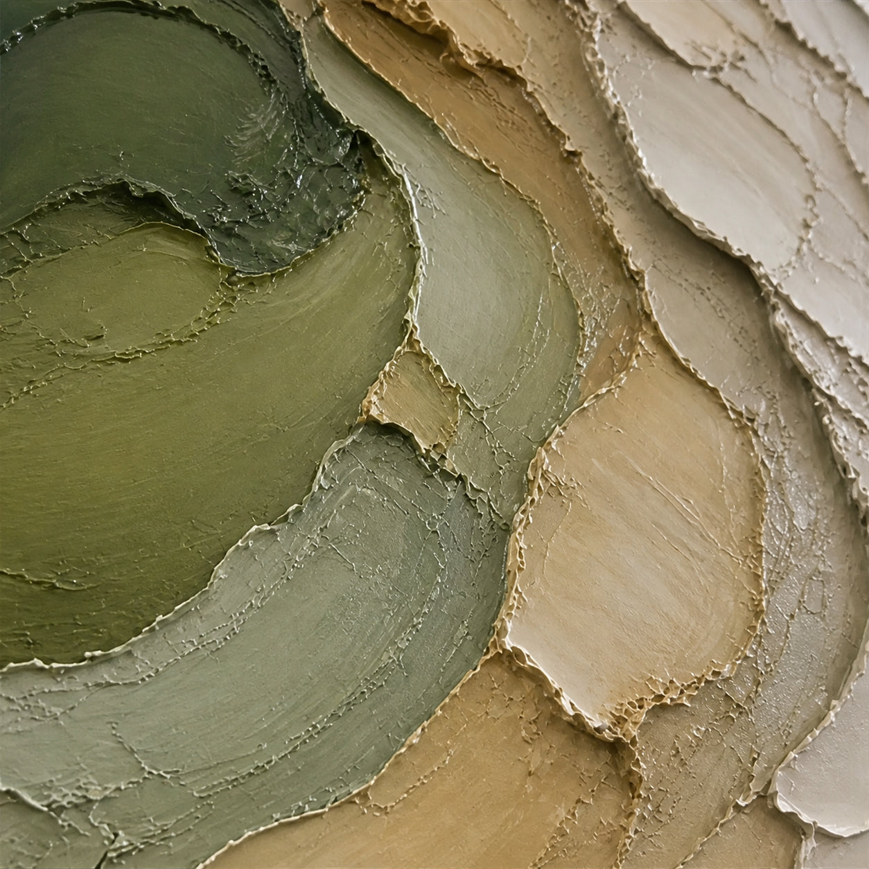 Moss-Contour oil painting brushwork and impasto detail photographed from an oblique side angle
