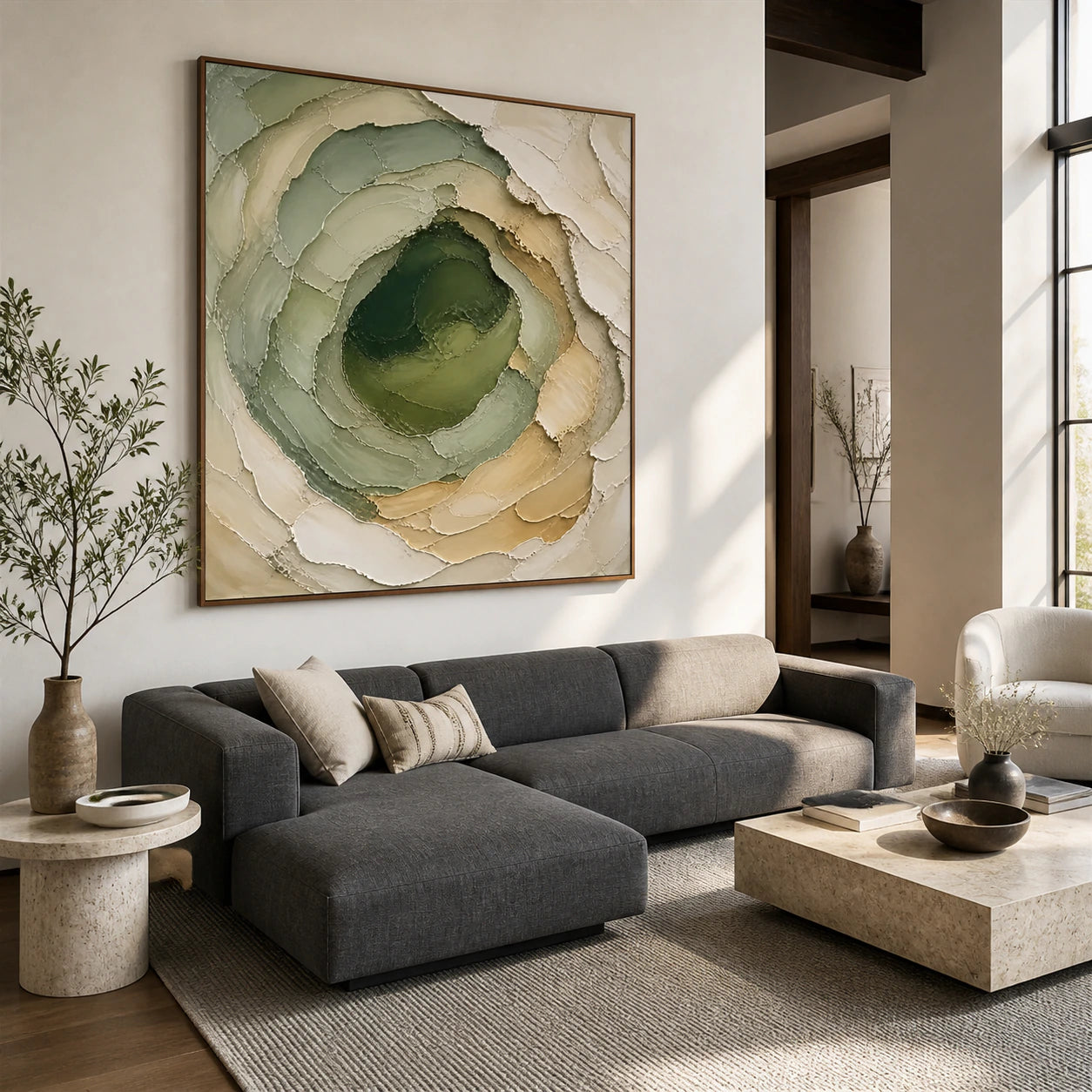 Moss-Contour as a large focal artwork above a restrained sofa in a bright contemporary living room.