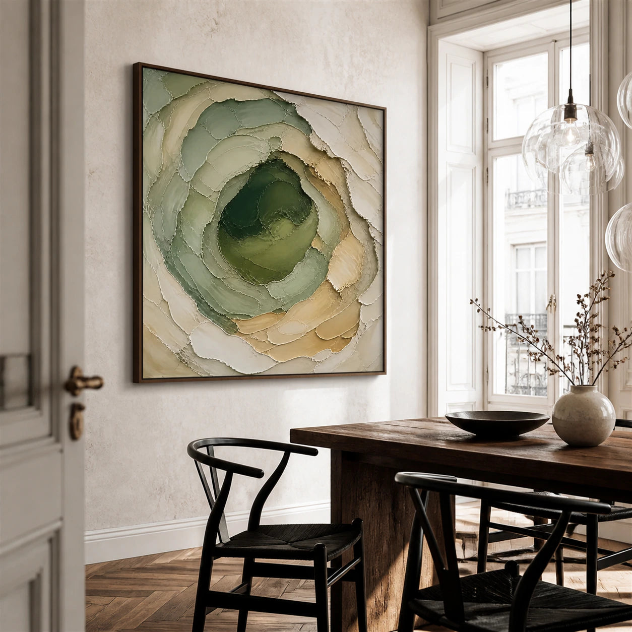 Large Moss-Contour painting anchoring a refined daylight dining room with sculptural furnishings.