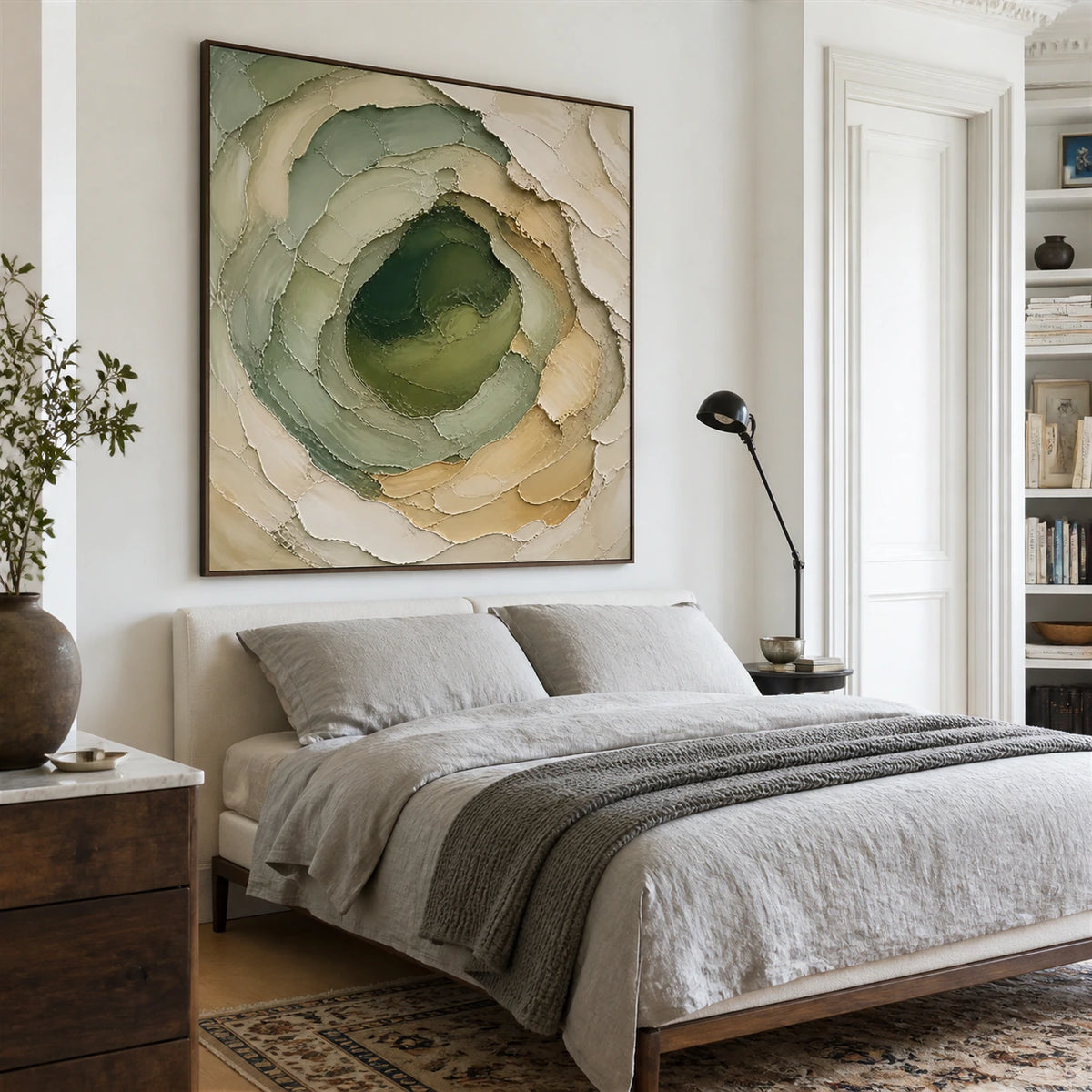 Moss-Contour displayed prominently in a quiet, light-filled bedroom with understated furnishings.