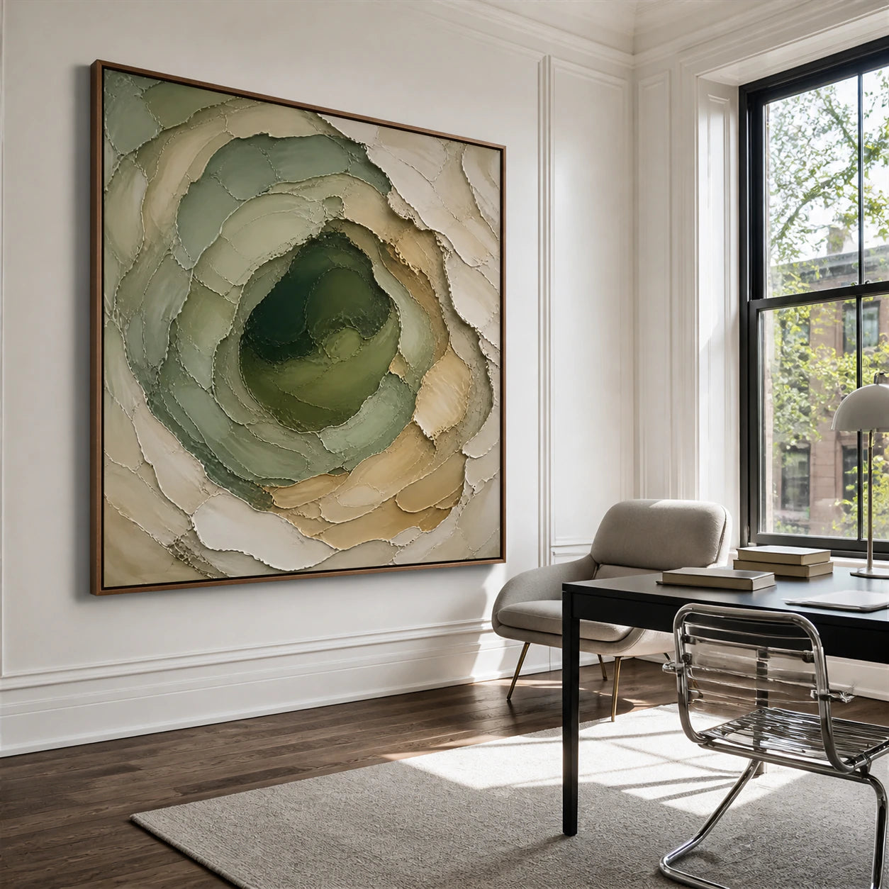 Large Moss-Contour painting in an airy home office and reading space with natural daylight.