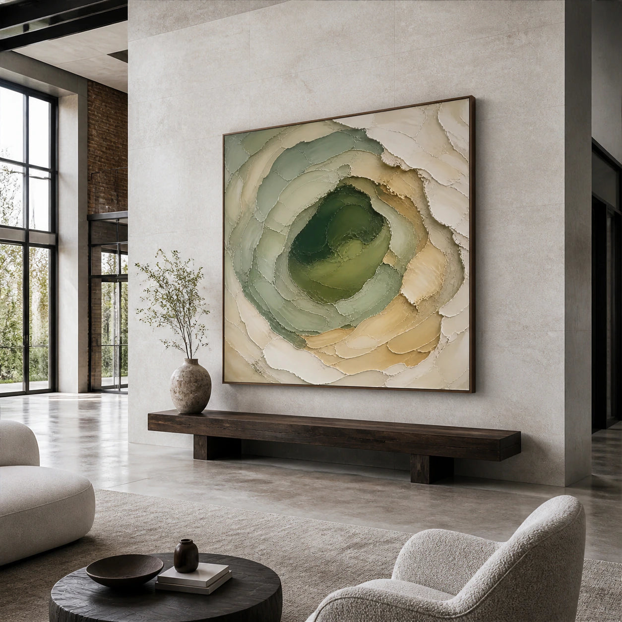 Gallery-scale Moss-Contour artwork presented in a bright, spacious stone-lined foyer.