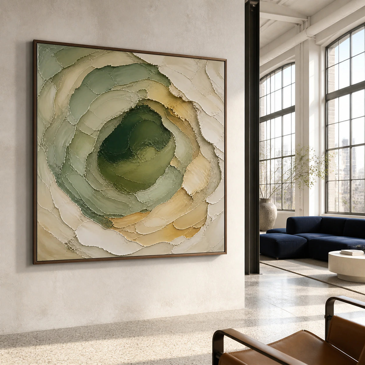 Moss-Contour shown at large scale in an open, sunlit hospitality loft interior.