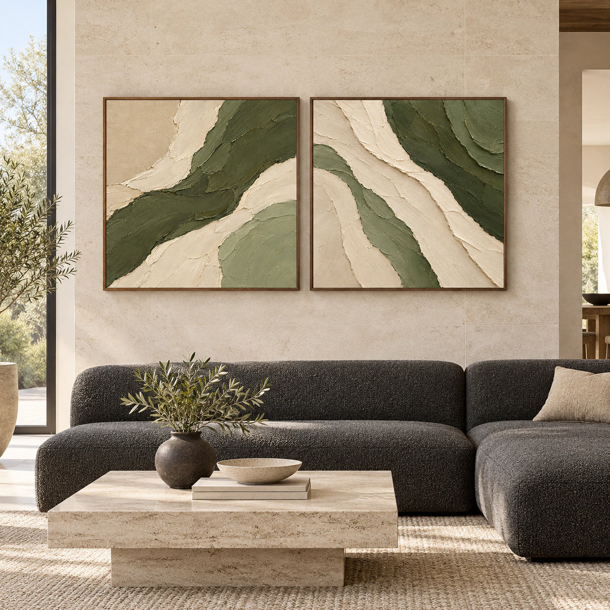 Large straight-on room view featuring the Moss-Current moss green and ivory square diptych in matching slim walnut frames.