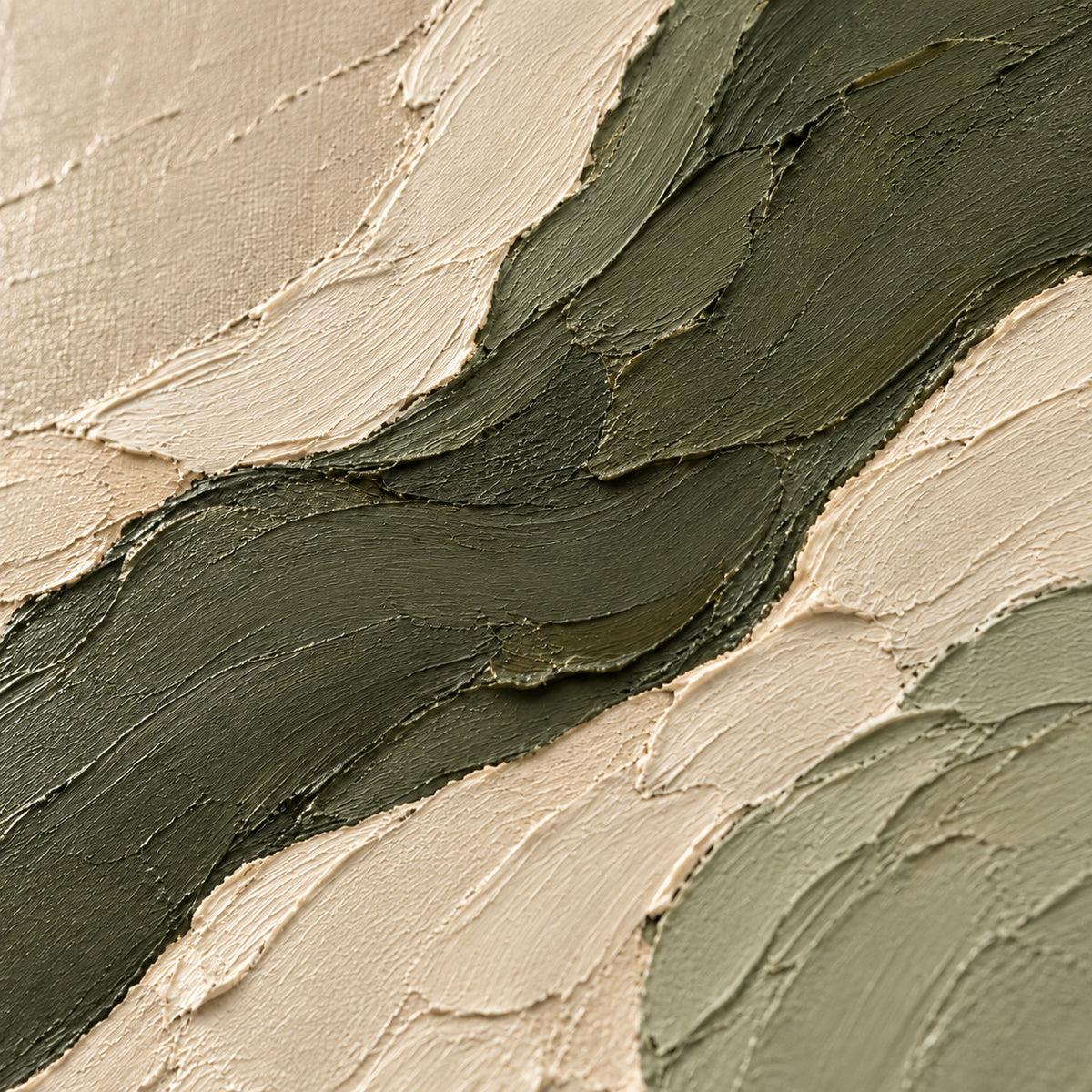 Moss-Current oil painting brushwork and impasto detail photographed from an oblique side angle