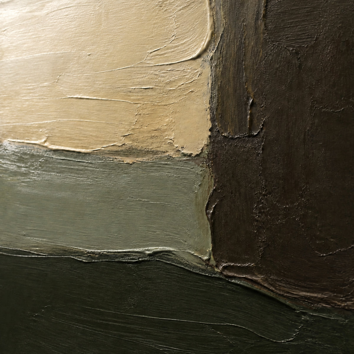 Moss-Ember oil painting brushwork and impasto detail photographed from an oblique side angle