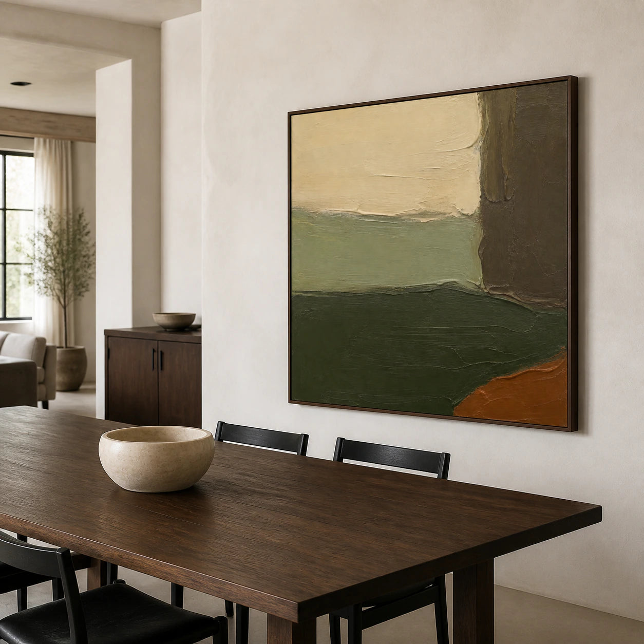 Moss-Ember as the focal point of a refined daylight dining room.
