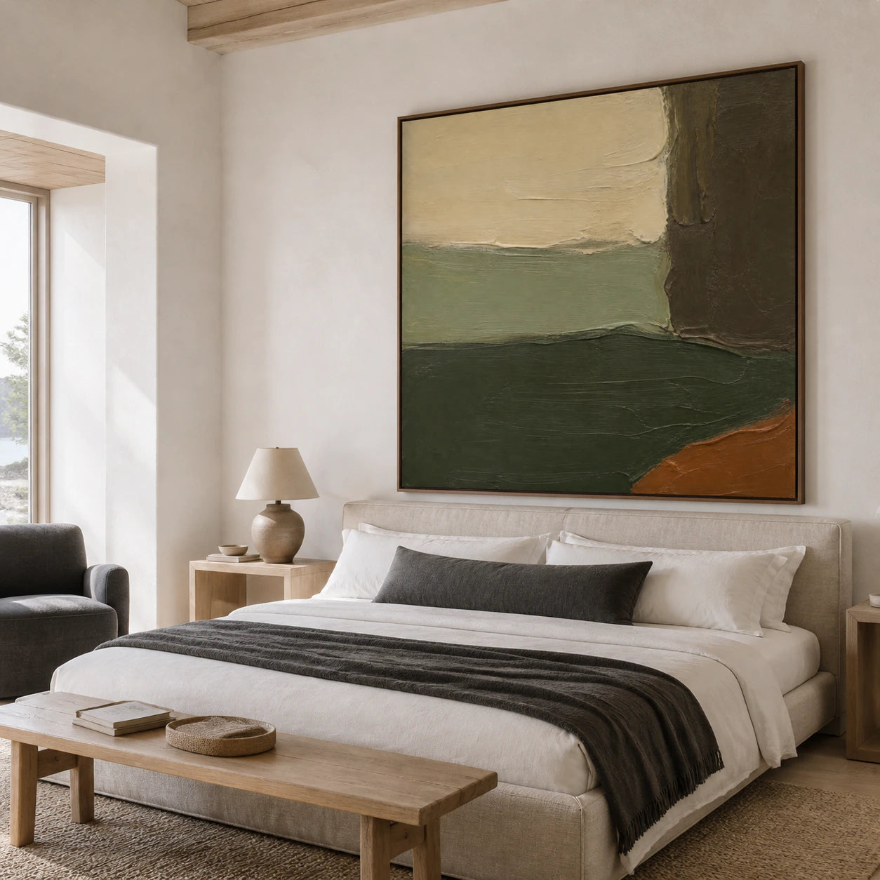 Moss-Ember displayed above a low bed in a quiet, airy bedroom.