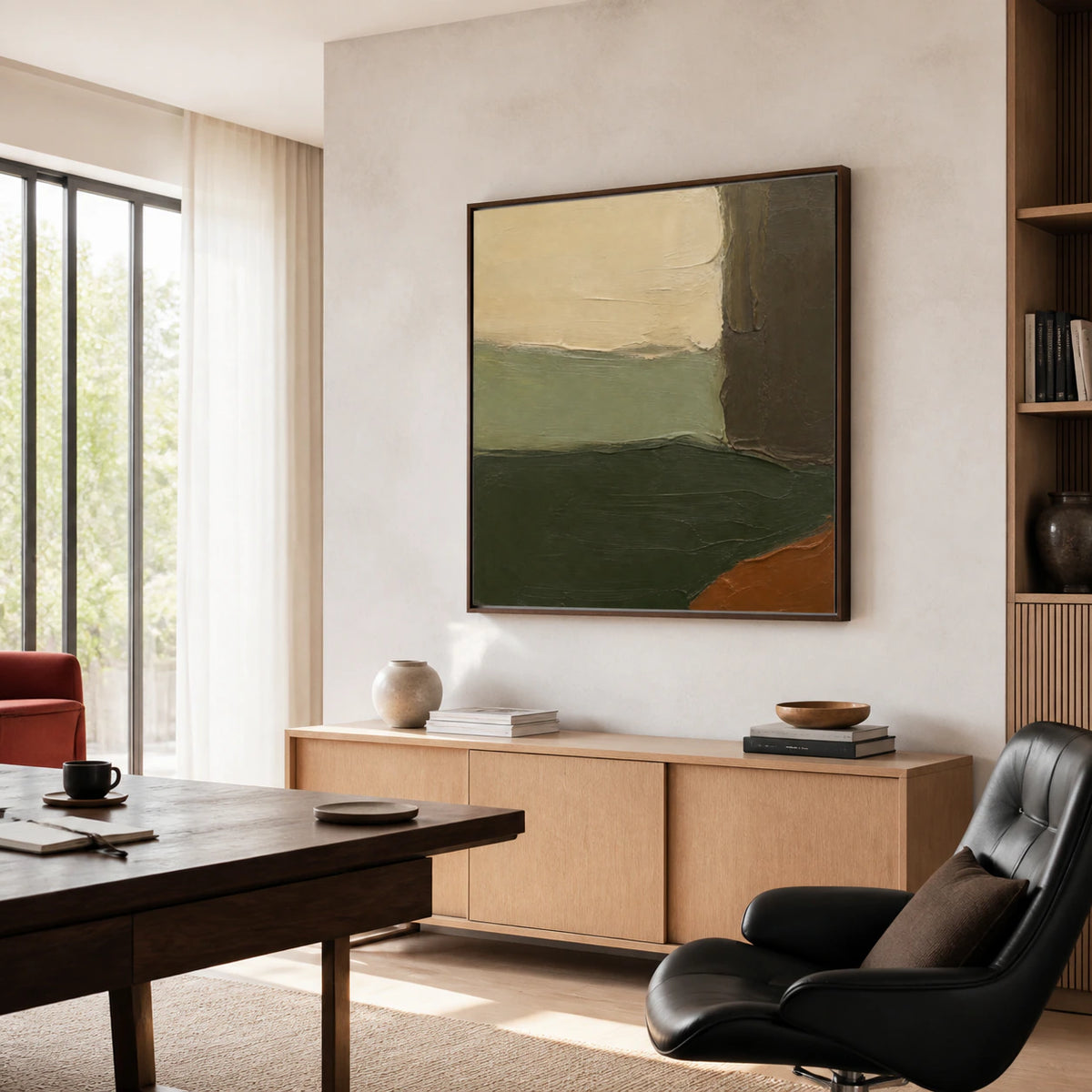 Moss-Ember in a light-filled home office reading space with natural wood details.