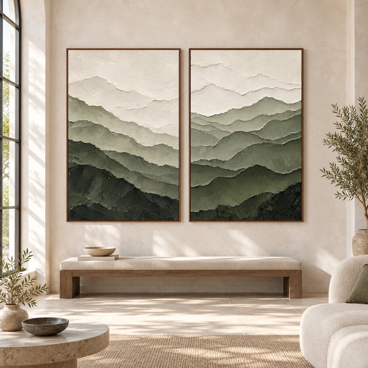 Large straight-on gallery interior with the Moss-Escarpment diptych in slim walnut frames.