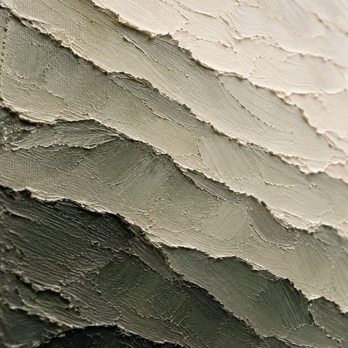 Moss-Escarpment oil painting brushwork and impasto detail photographed from an oblique side angle