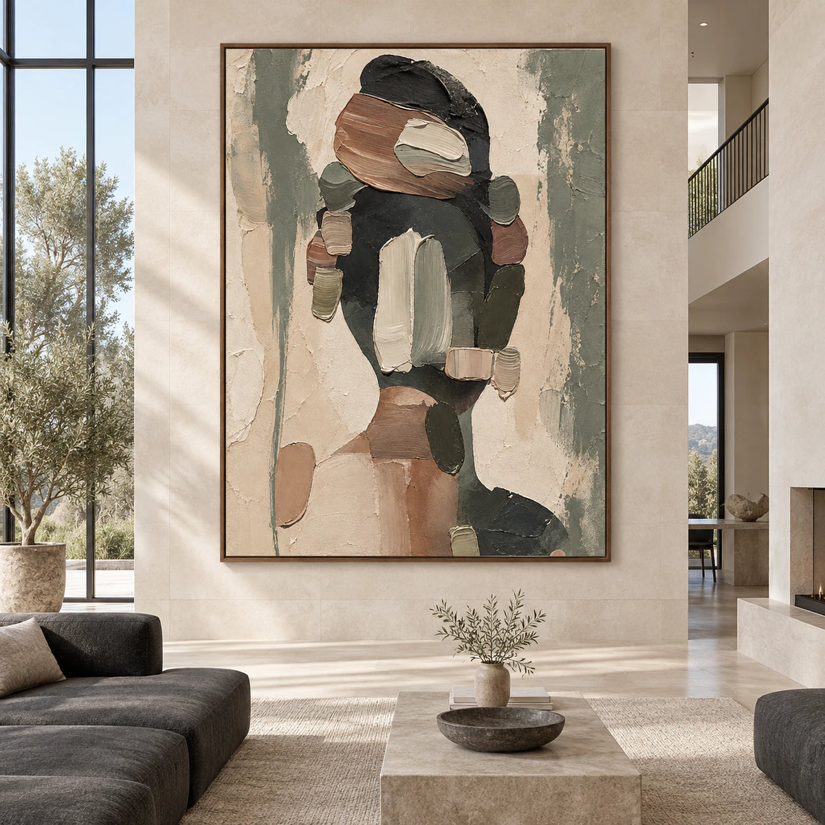 Moss-Relief displayed at large scale straight-on in a bright architectural living space.