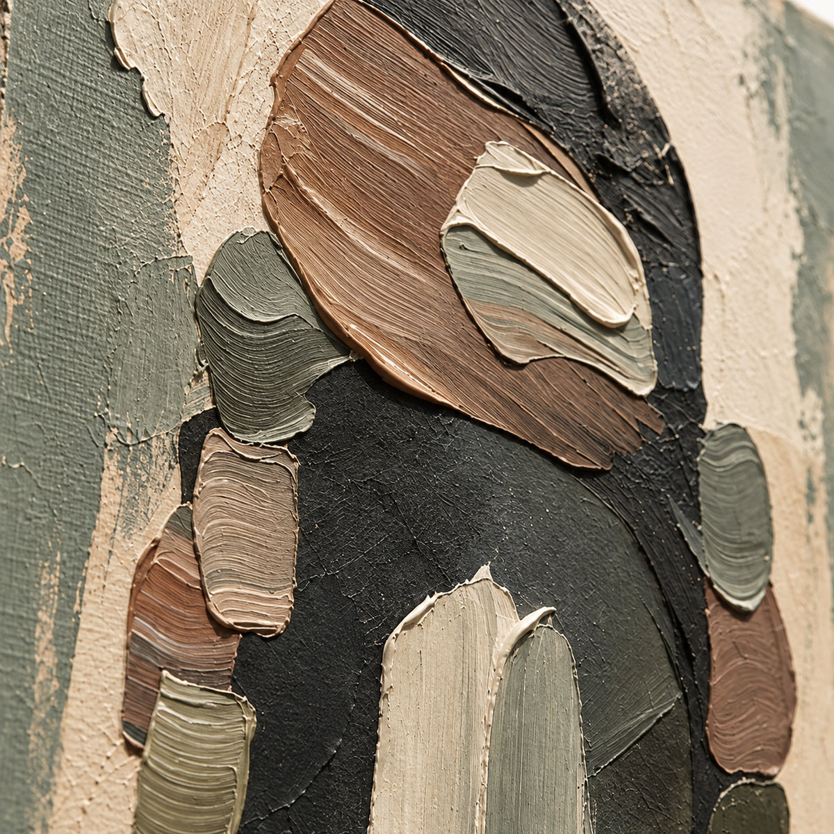 Moss-Relief oil painting brushwork and impasto detail photographed from an oblique side angle