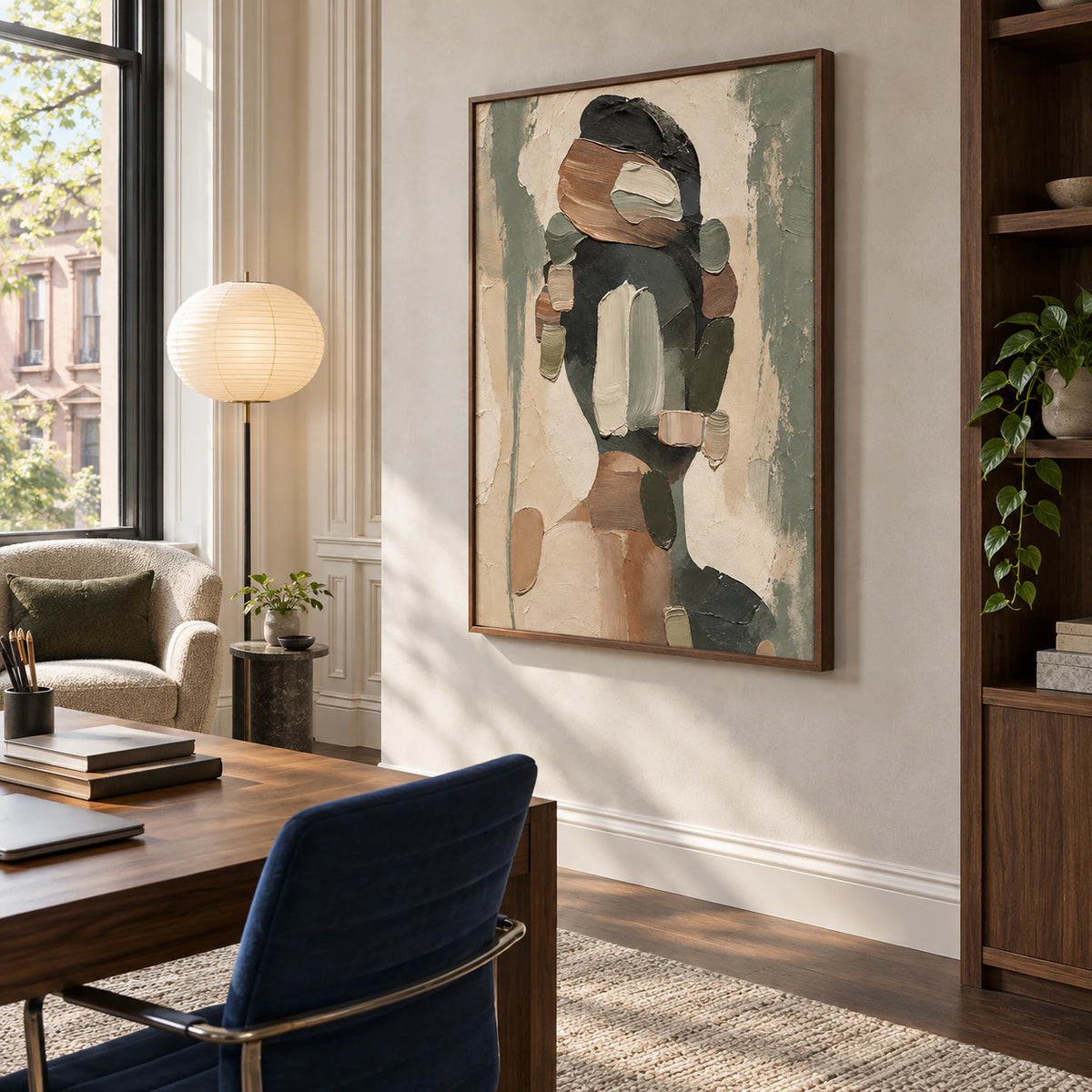 Moss-Relief anchoring an airy home office and reading space.