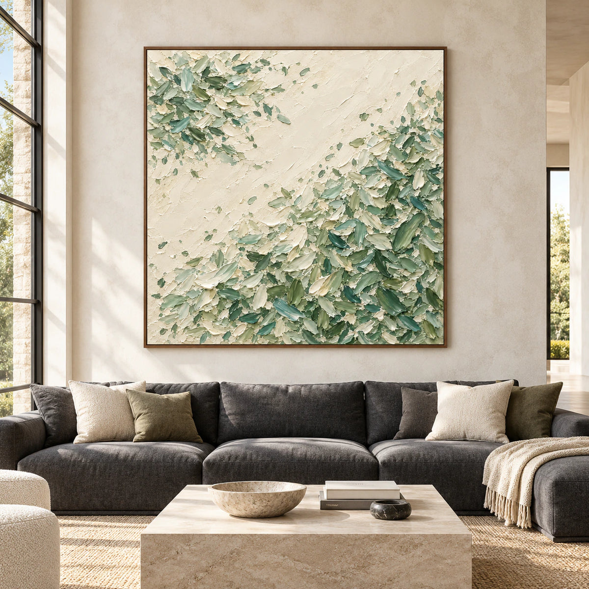 Straight-on view of large square Moss-Traverse on a pale stone wall above a charcoal sofa in a spacious living room with natural daylight.