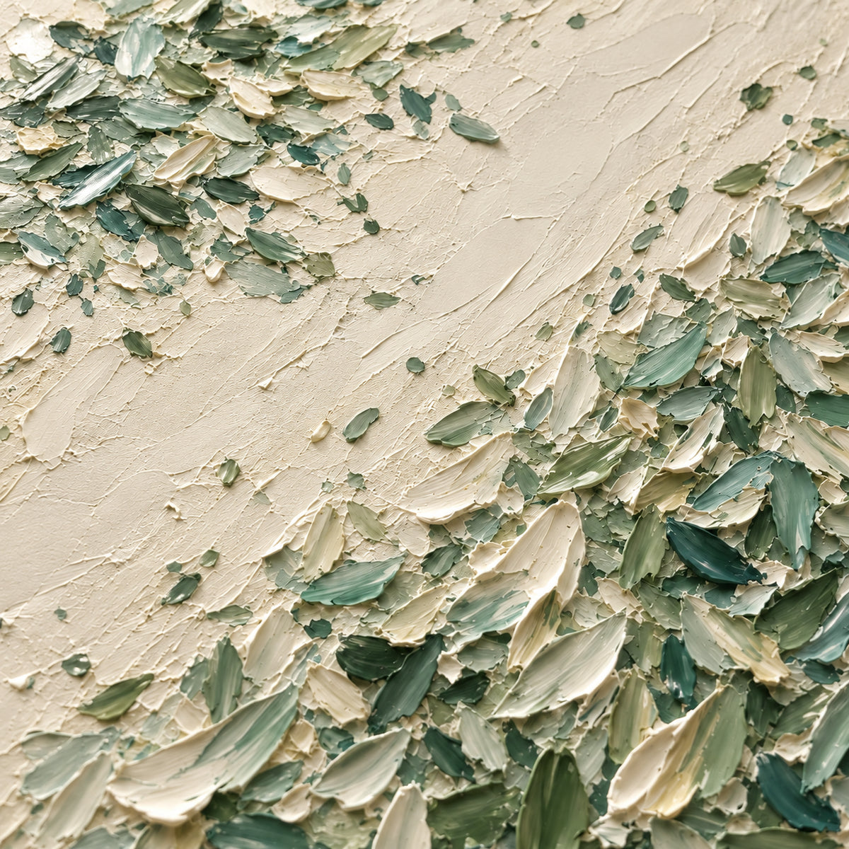 Oblique close-up of Moss-Traverse showing raised ivory and green paint strokes, with grazing light revealing ridges and shallow shadows.