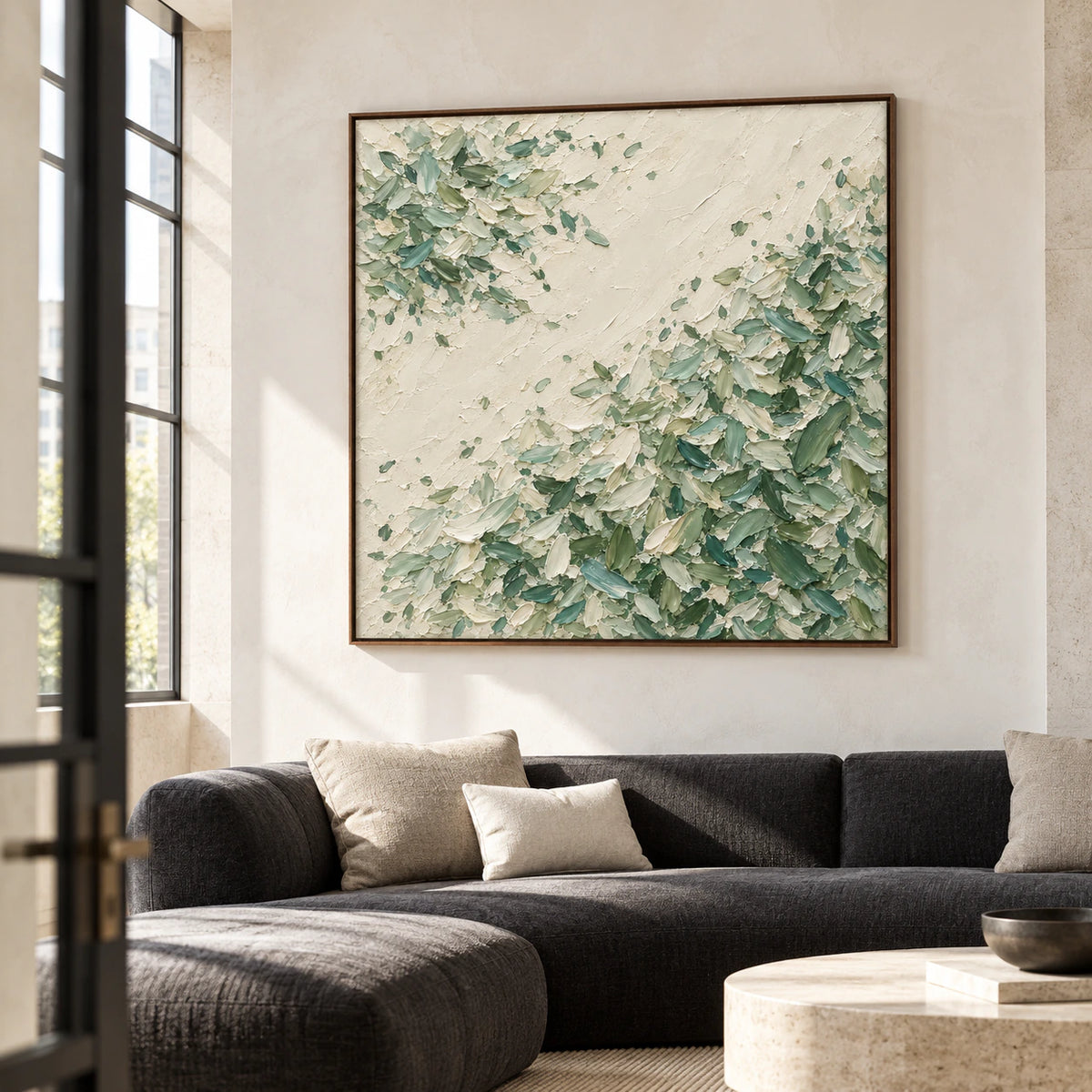 Left-oblique view of large square Moss-Traverse above a low charcoal sofa in a bright living room with pale limestone architecture.