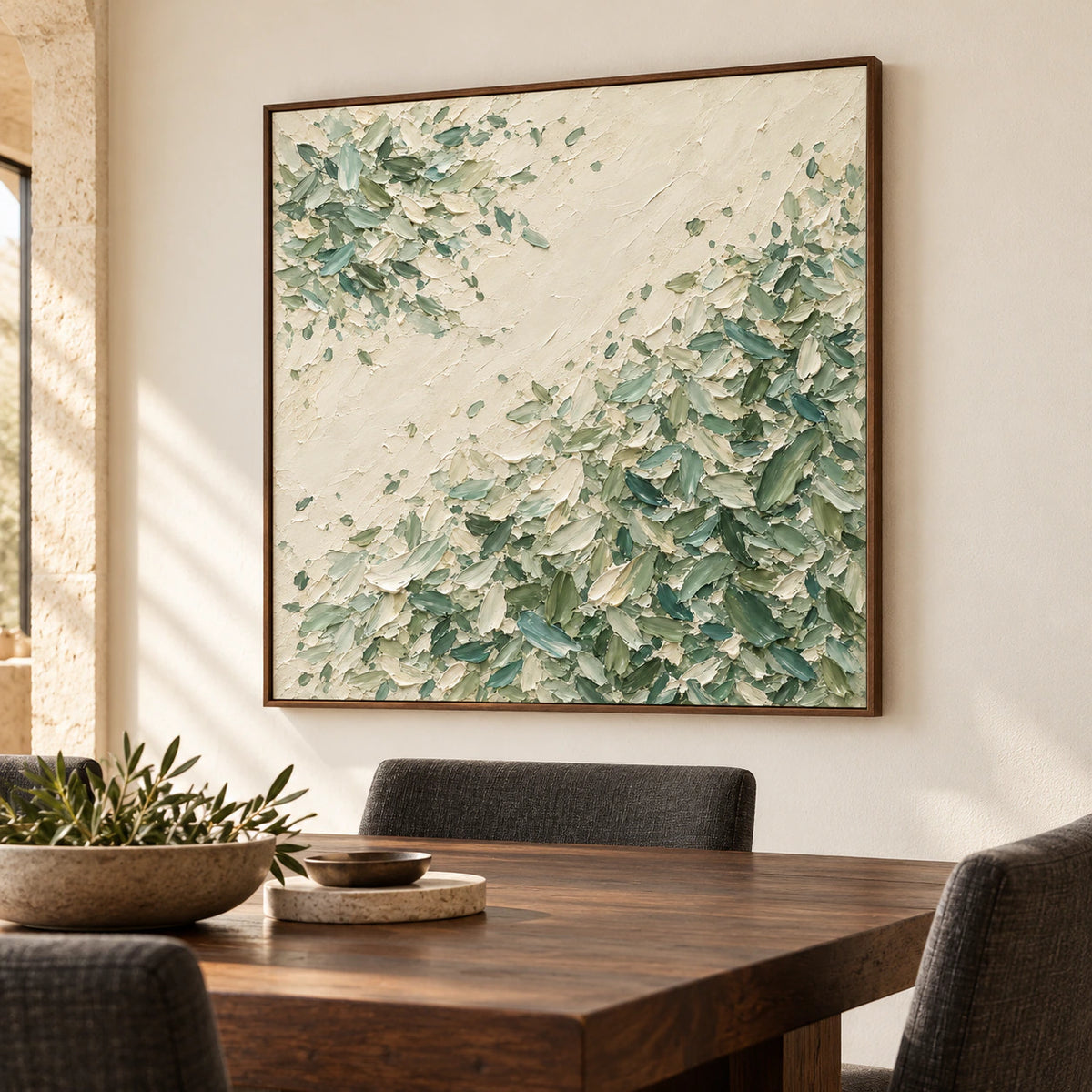 Right-oblique view of Moss-Traverse on a warm white dining room wall beside a dark walnut table and linen chairs in natural daylight.