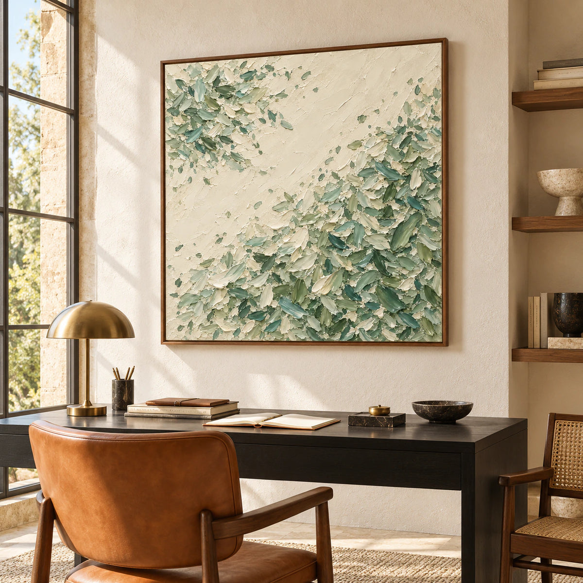 Right-oblique view of Moss-Traverse above a black writing desk in an airy home office with tall windows, light walls and open shelving.