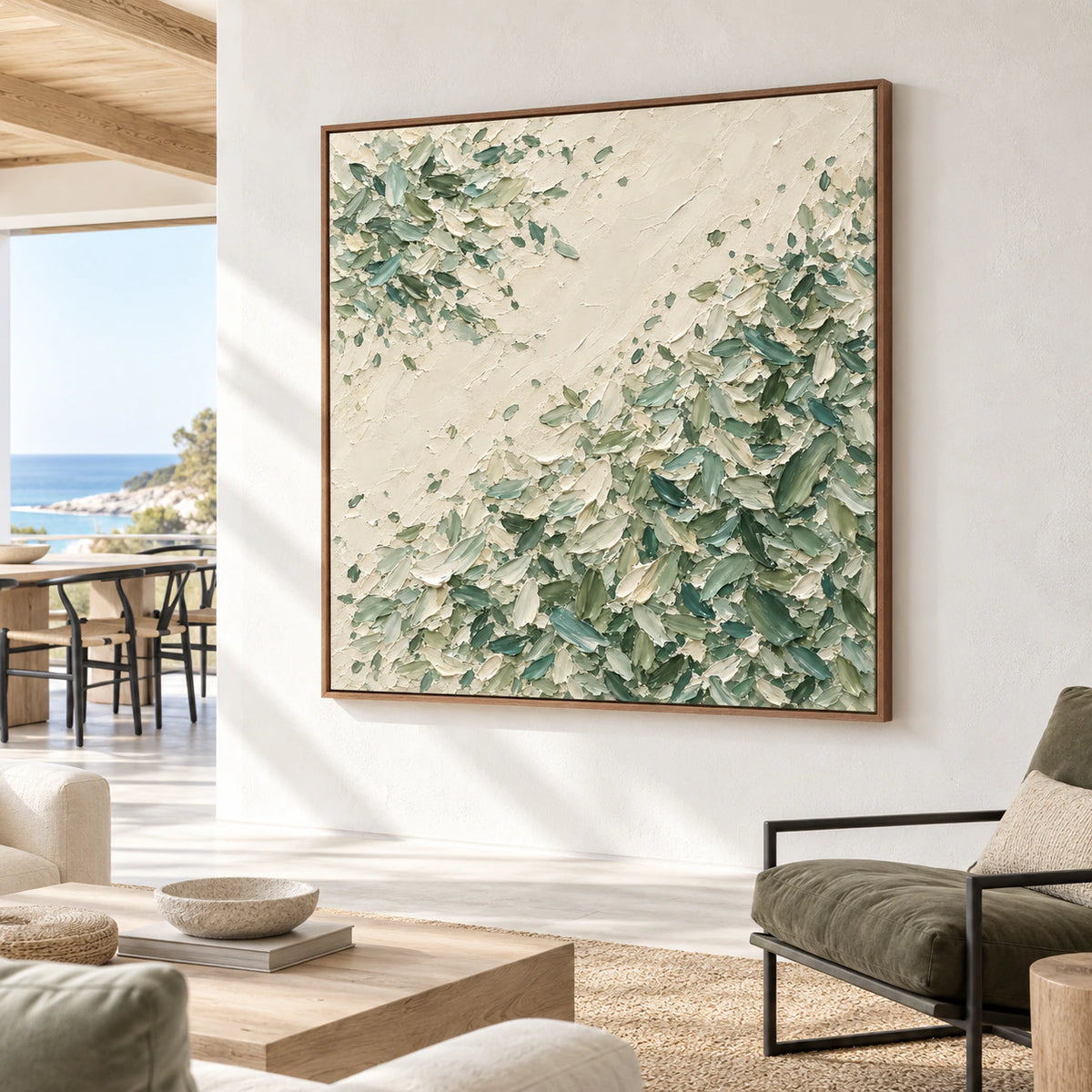 Moss-Traverse prominently displayed in a bright coastal interior with timber beams and pale walls.