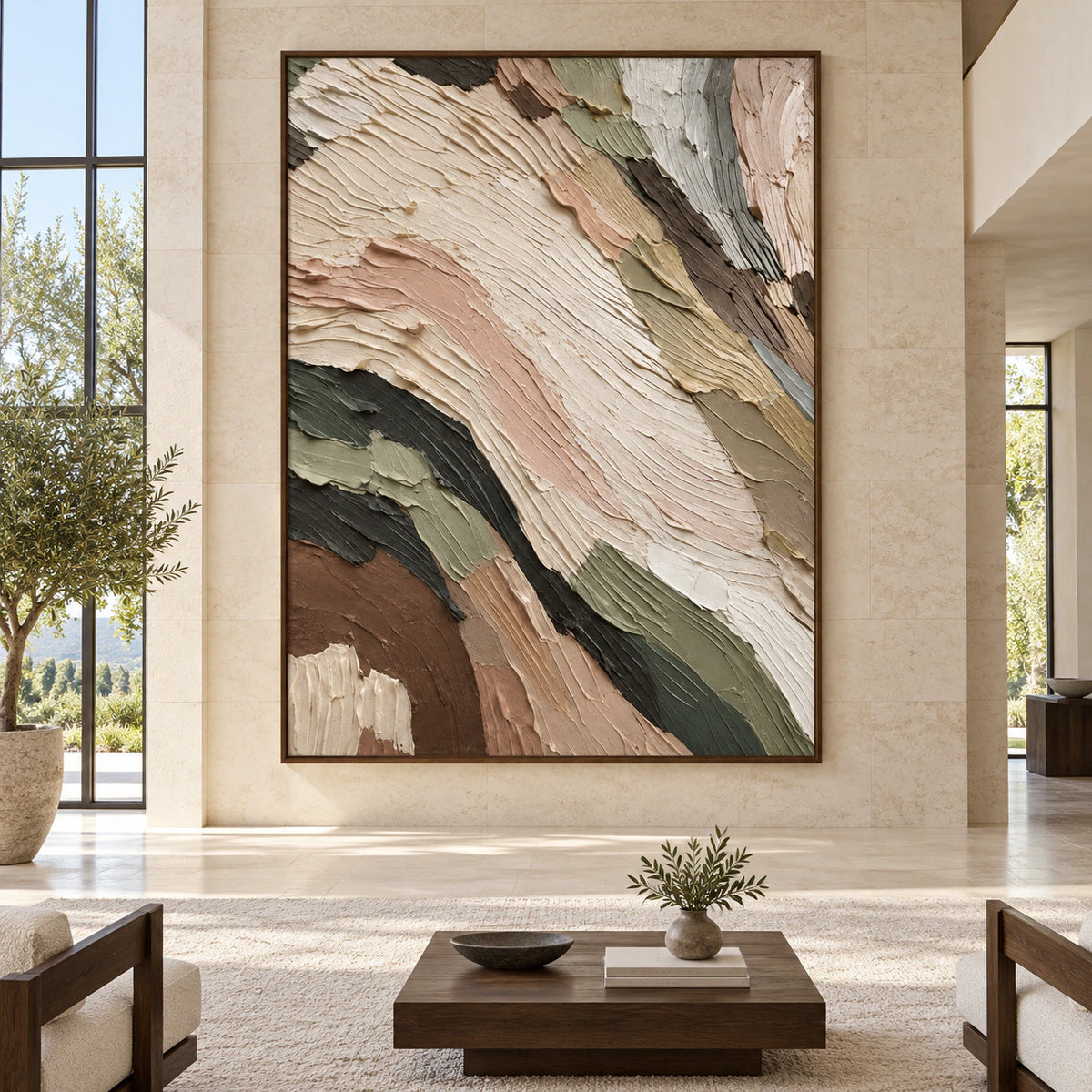 Large vertical textured abstract painting with ivory, blush, sage and charcoal sweeps in a spacious gallery-like interior.