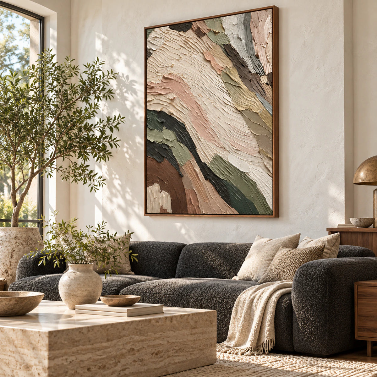 Vertical textured abstract painting above a pale sofa in a bright living room.