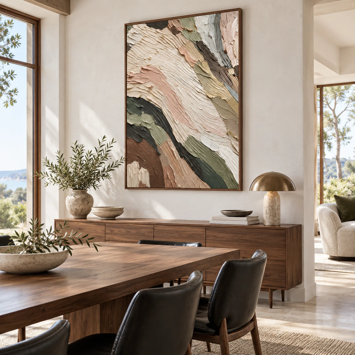 Vertical ivory, blush and sage abstract painting in a refined daylight dining room.
