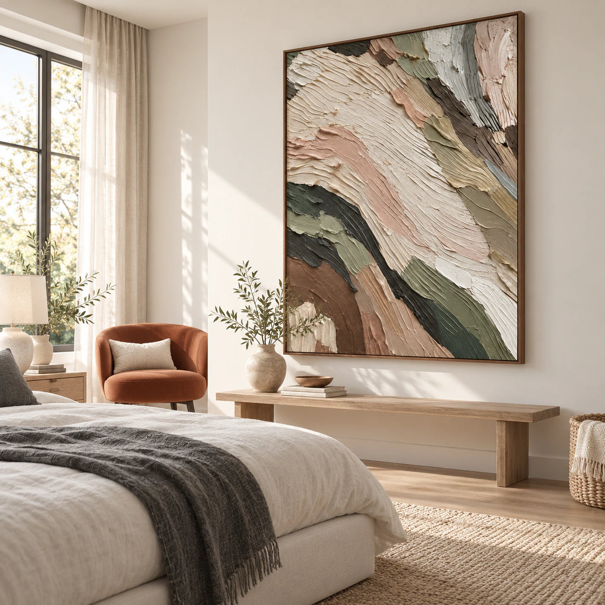 Textured vertical abstract painting above a quiet bedroom seating area.