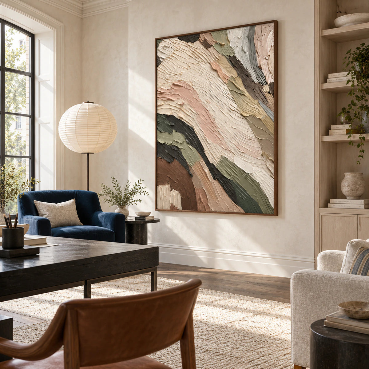 Large vertical textured abstract painting in an airy home office reading space.