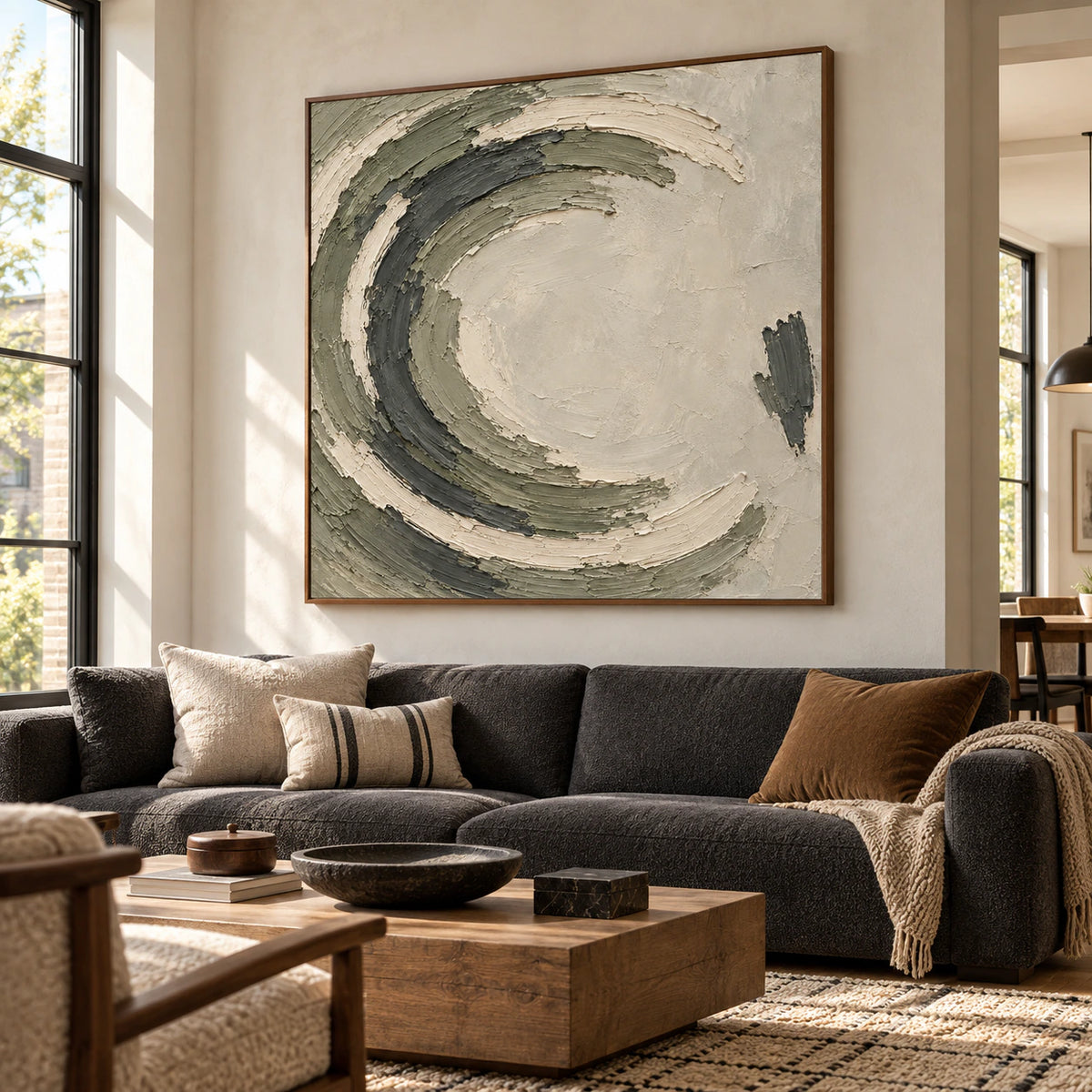 Square abstract painting above a low charcoal sofa in a bright living room with pale plaster walls and tall windows, viewed from the left.