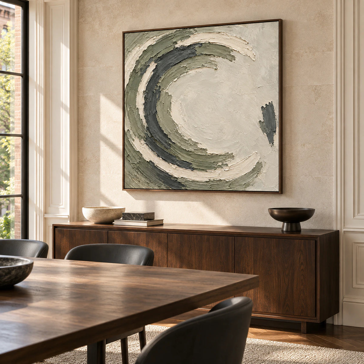 Square abstract painting above a dark walnut sideboard in a sunlit dining room with a long table and limestone wall, viewed from the right.