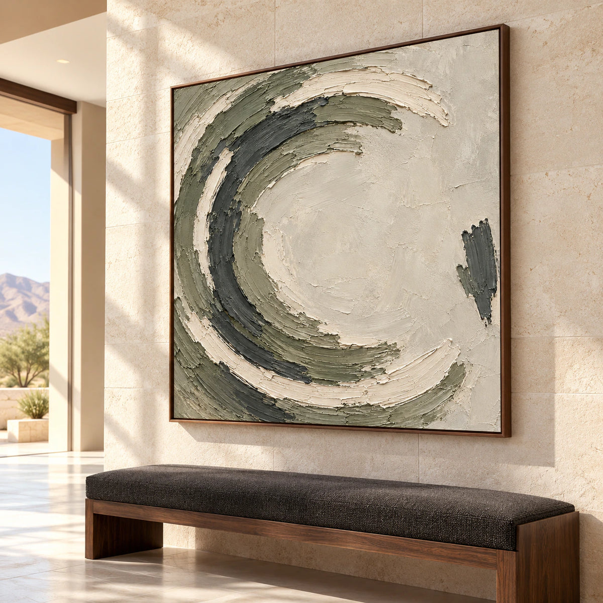 Large square abstract painting on a pale limestone wall in a bright foyer with a dark wood bench, high ceiling and open floor, viewed from the left.