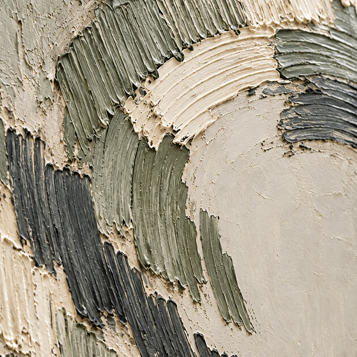 Oblique close-up of Mossen-Arc showing raised paint ridges, scraped passages and olive, charcoal and ivory tones under grazing light.