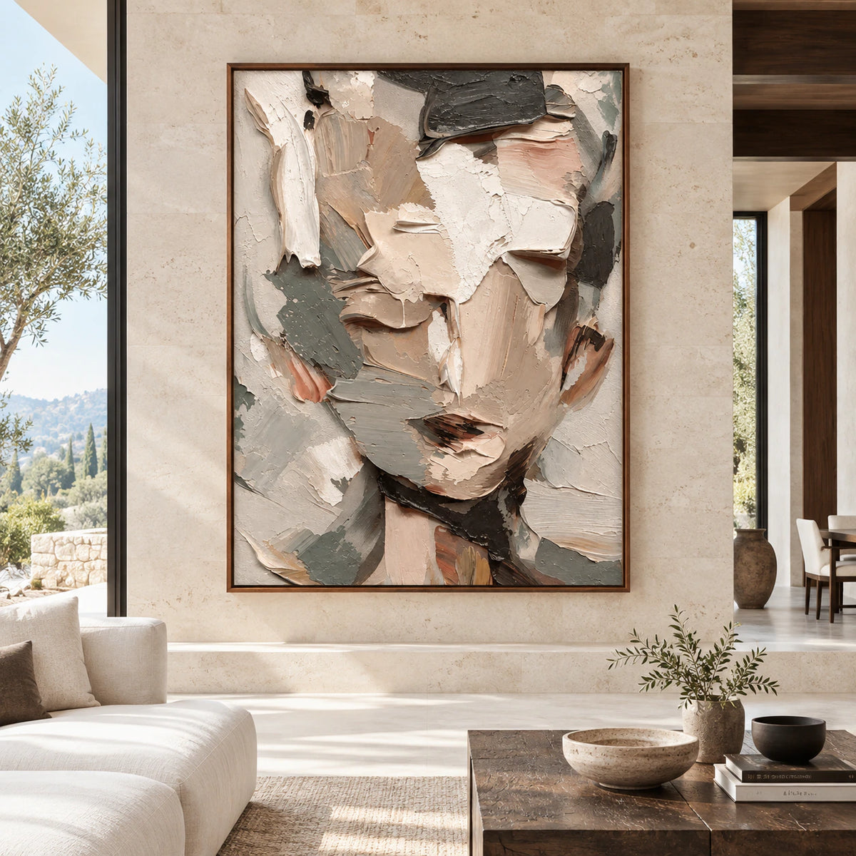 Large textured abstract portrait displayed straight-on in a spacious architectural living room.