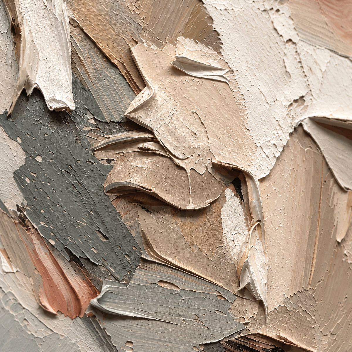 Muted-Visage oil painting brushwork and impasto detail photographed from an oblique side angle
