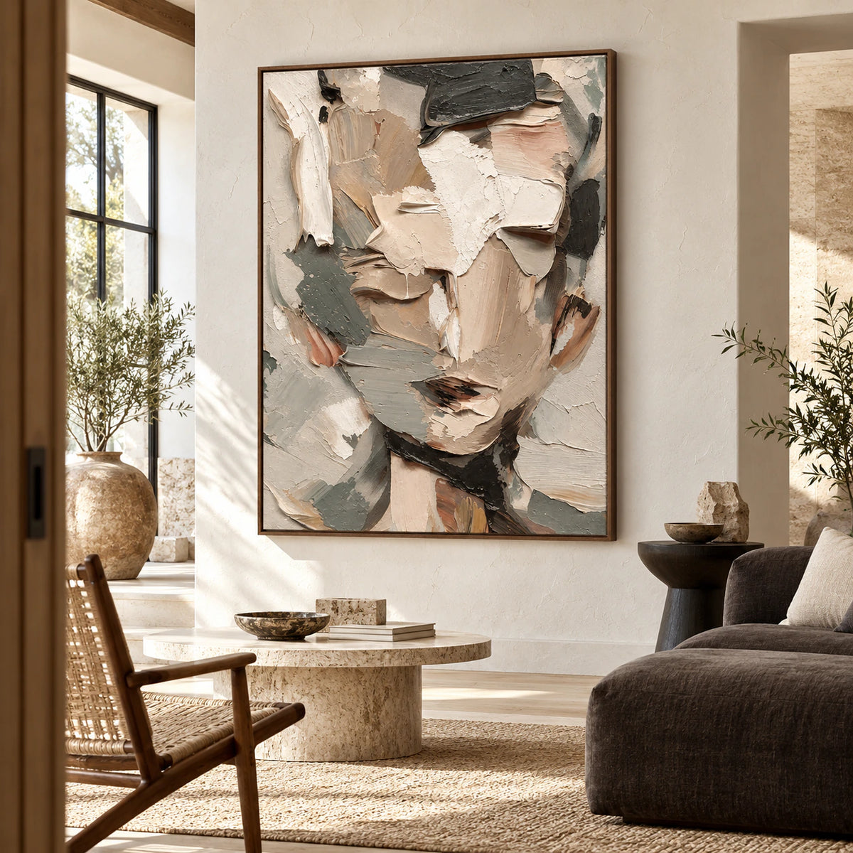 Textured abstract portrait above a bright contemporary living room seating arrangement.