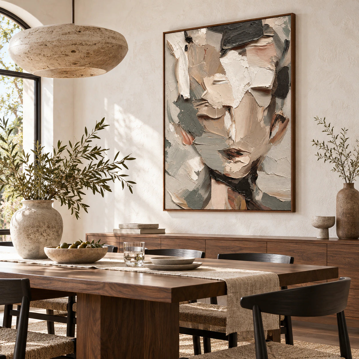 Textured portrait as the focal artwork in a refined daylight dining room.