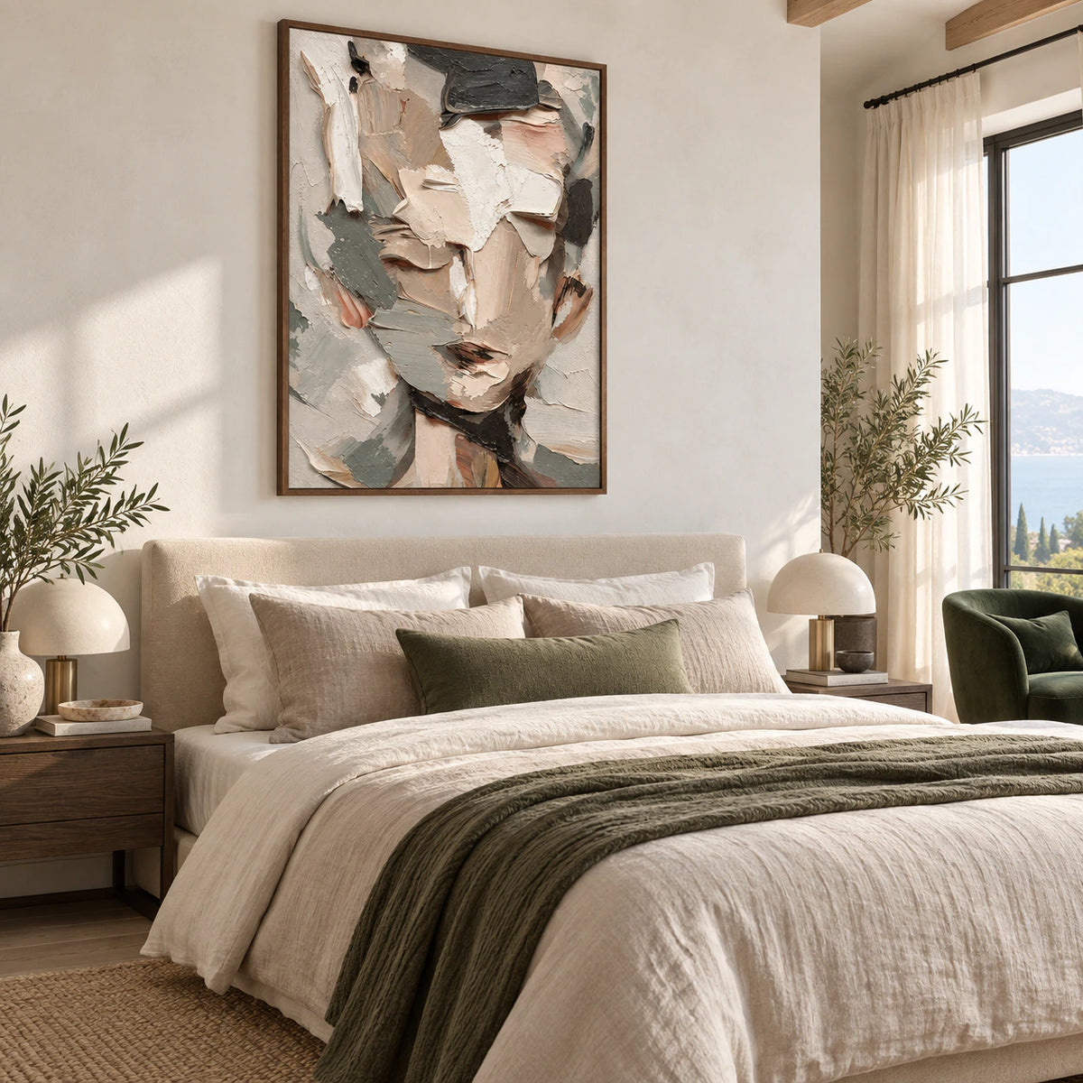 Muted abstract portrait bringing tactile calm to a quiet, light-filled bedroom.