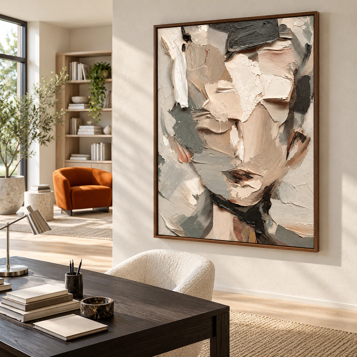 Large textured portrait in an airy home office and reading space.