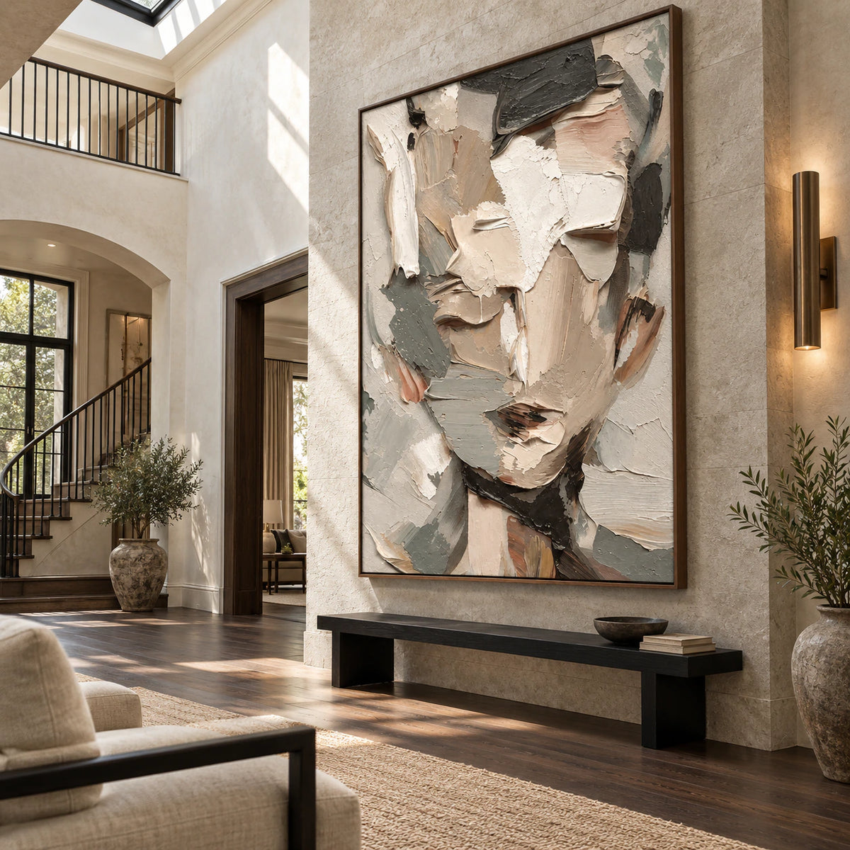 Gallery-scale abstract portrait in a bright stone-walled foyer.