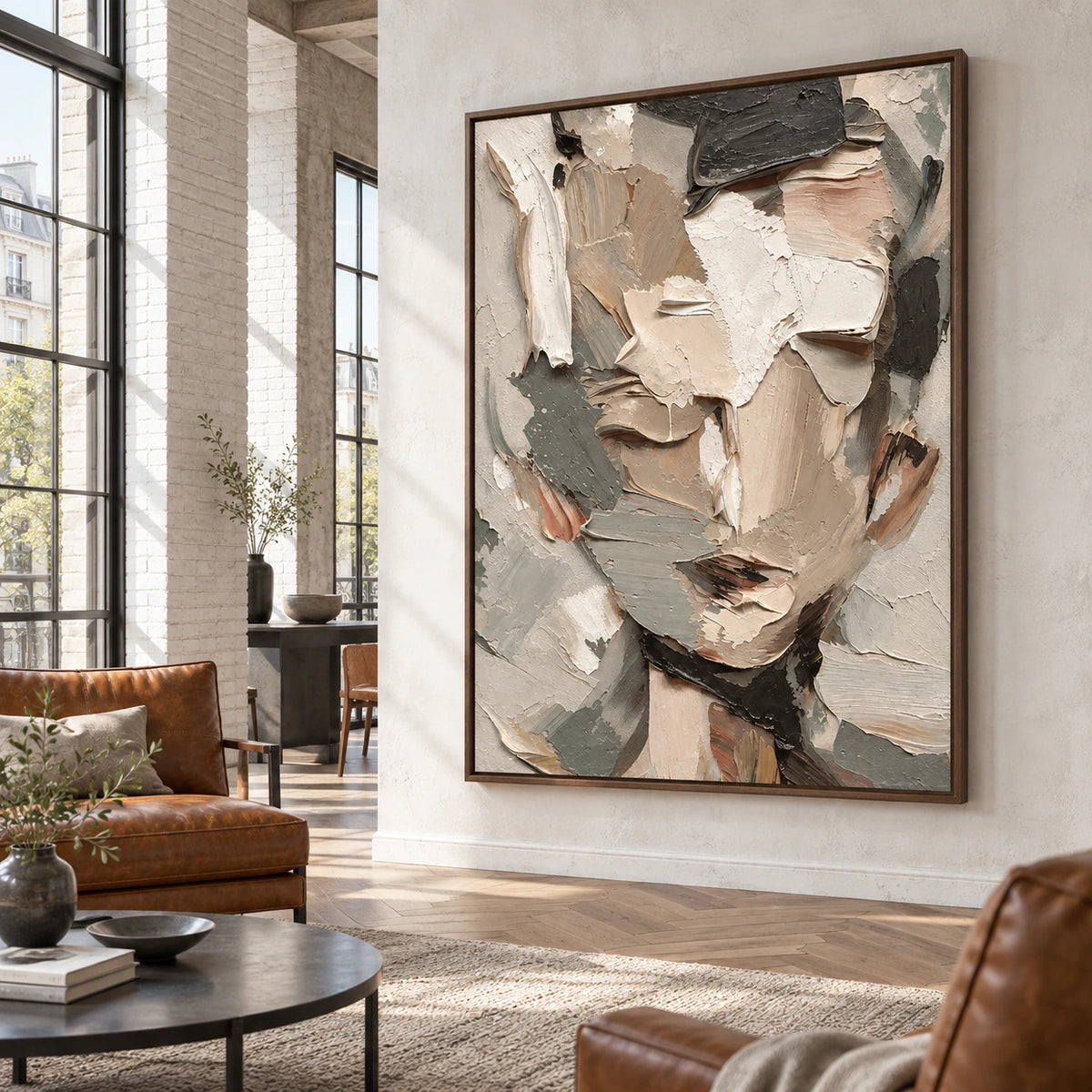 Large tactile portrait anchoring an expansive sunlit loft hospitality interior.