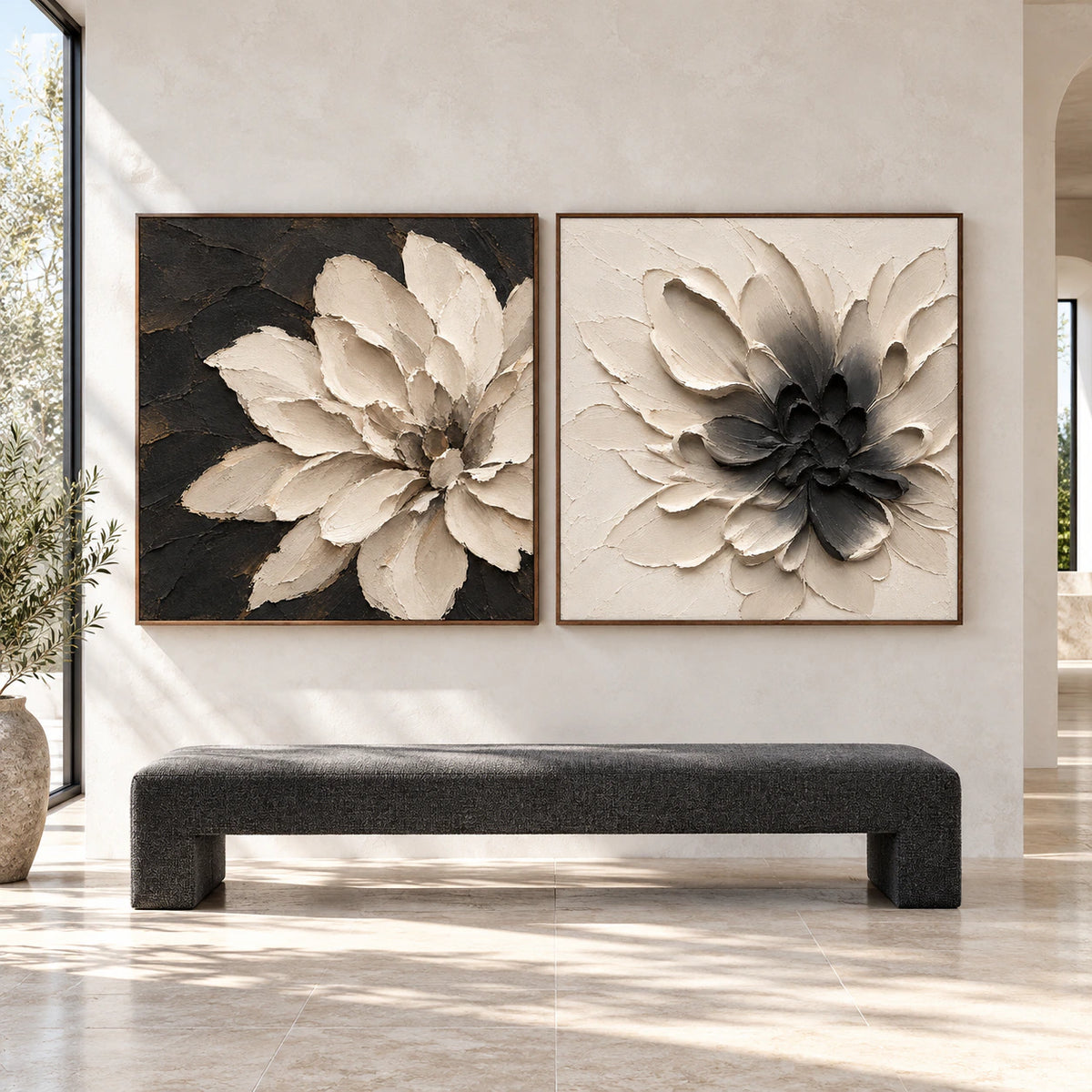 Straight-on large-room view of the Nocturne-Bloom diptych in matching slim walnut frames.