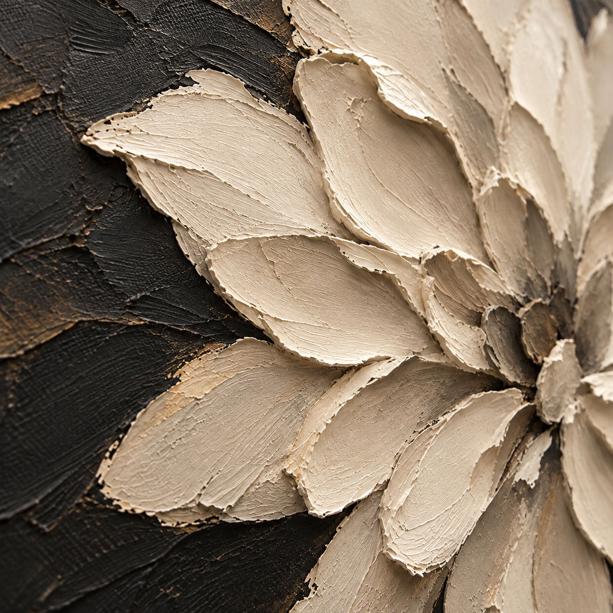 Nocturne-Bloom oil painting brushwork and impasto detail photographed from an oblique side angle
