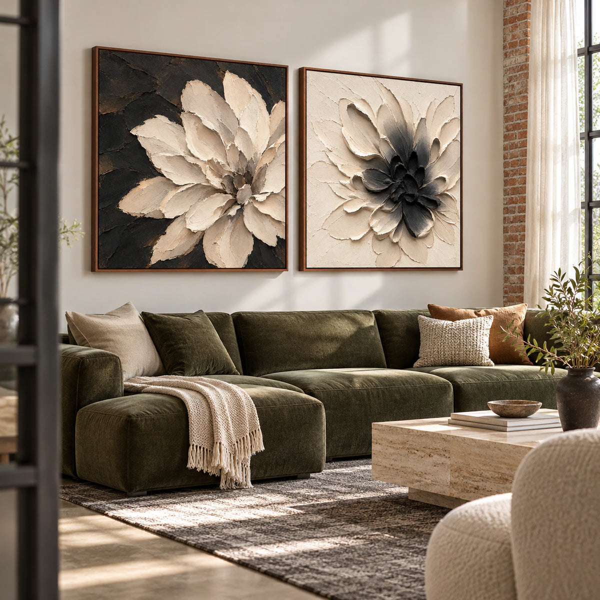 Nocturne-Bloom diptych above a sofa in a bright living room.