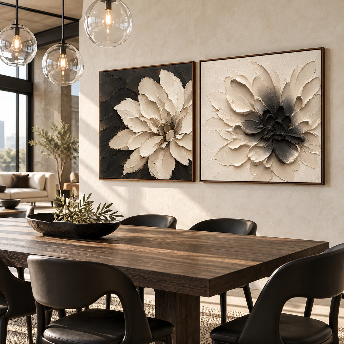 Nocturne-Bloom diptych in a refined daylight dining room.
