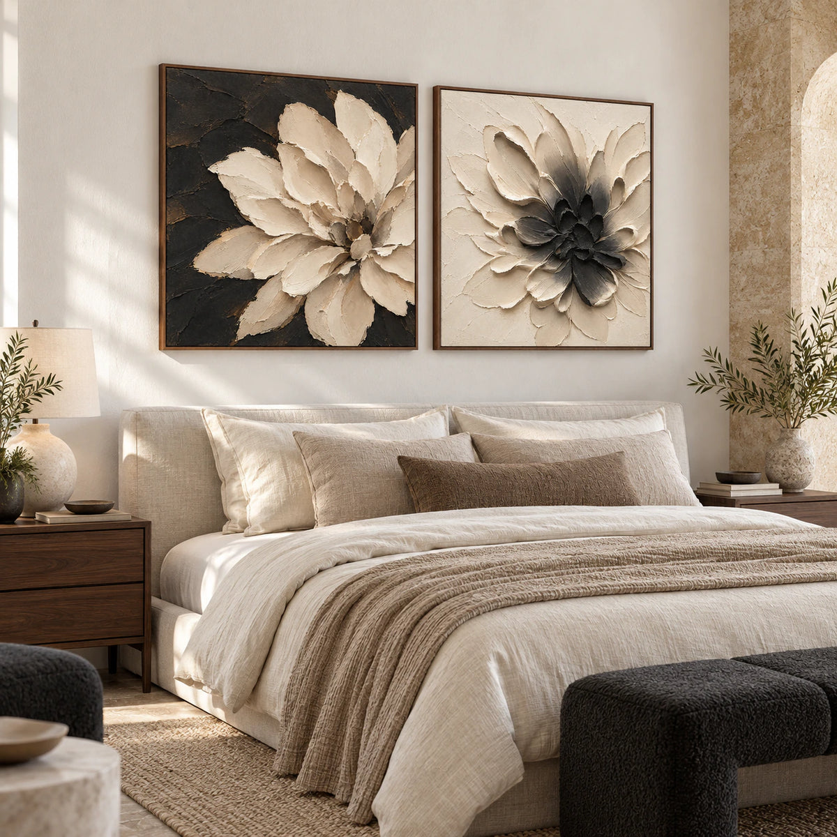 Nocturne-Bloom diptych in a quiet, light-filled bedroom.