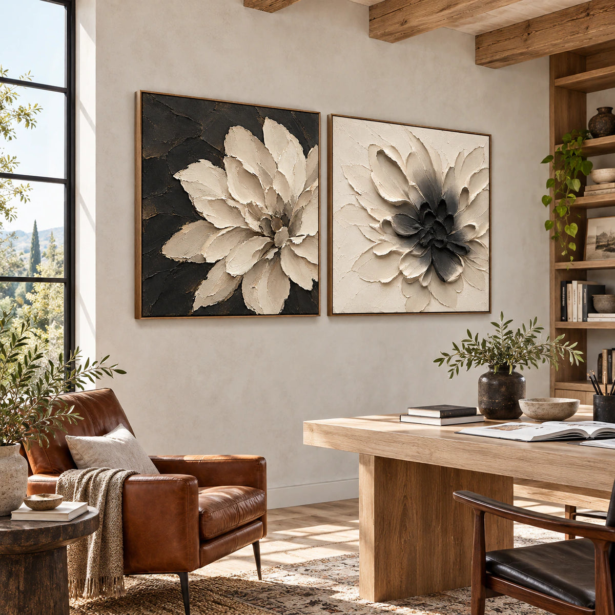 Nocturne-Bloom diptych in an airy reading and home-office space.